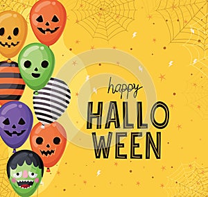 Halloween striped frankenstein and pumpkin balloons with spiderwebs vector design