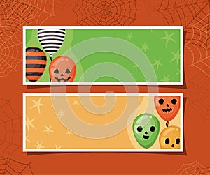 Halloween striped and pumpkin balloons in frames with spiderwebs vector design