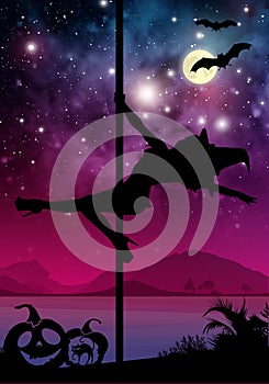 Halloween style silhouette of female pole dancer. performing pole moves in front of river and stars. Pole dancer in front of space