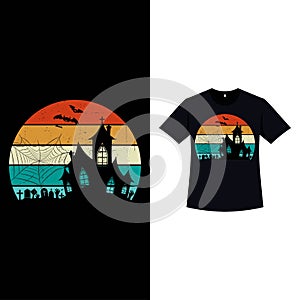 Halloween stylish retro color T-shirt design with ghostly house and graveyard. Halloween scary T-shirt design with vintage color