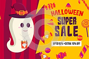 Halloween Super Sale Promotion Background with Ornament halloween candy and Cute Ghost Carrying Halloween Paper Bag