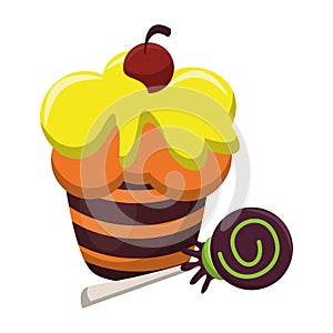 Halloween sweet candy lollipop and cupcake