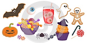 Halloween sweet food set. Vector cartoon illustration of scary candy, gingerbread, cupcake and drink.