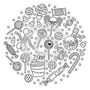 Halloween sweet treats coloring page vector illustration