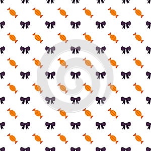 Halloween sweets seamless pattern on white background. Candy and bow.