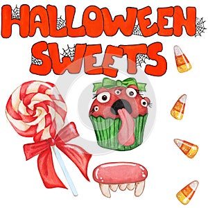 Halloween sweets text, cupcake and lollipops.