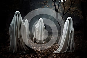 Halloween symbol, scary ghosts in the dark forest. Generative AI