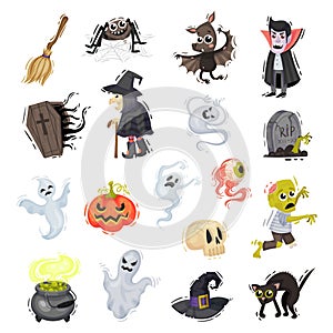 Halloween Symbols and Attributes with Ghost, Witch, Pumpkin, Black Cat, Spider and Zombie Big Vector Set