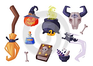 Halloween Symbols Collection, Holiday Party Design Elements, Broom, Pumpkin, Witch Cauldron, Buffalo Skull, Magic Book