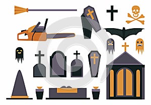 Halloween symbols flat vector illustrations set. Haunted cemetery design elements isolated on white background