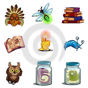 Halloween symbols - owl, mask, insect, book of spells, formalin mutant, candle. Vector icons set isolated on white