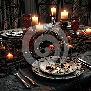 a halloween table setting with candles and plates