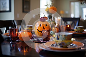 Halloween table setting with pumpkins and skulls