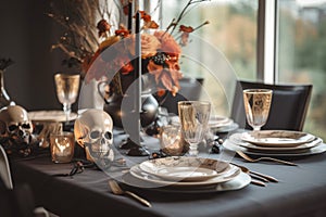 Halloween table setting with pumpkins and skulls