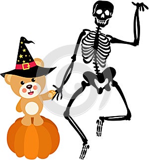Halloween teddy bear on top of pumpkin with skeleton