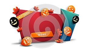 Halloween template, horizontal red template in cartoon style with Halloween balloons and button
