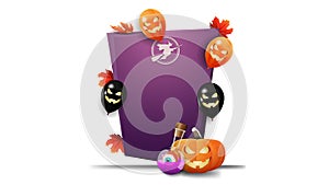 Halloween template, vertical purple template in cartoon style with Halloween balloons, pumpkin Jack and witch`s potion