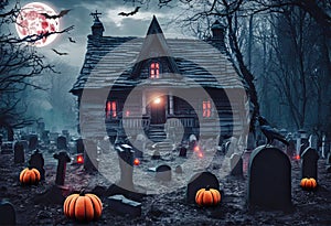 Halloween terror scene, with a haunted house in a cemetery. Digital art.