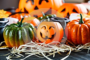 Halloween and thankgiving decoration: pumpkins, lanterns