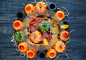 Halloween and thankgiving decoration: pumpkins, lanterns, basket