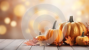 halloween or thanksgiving background with pumpkins and magic lights, bokeh and space for copy, banner format,