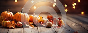 halloween or thanksgiving background with pumpkins and magic lights, bokeh and space for copy, banner format,