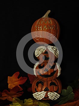 Halloween, Thanksgiving, see, hear, speak no evil, stacked pumpkins, GIVE THANKS