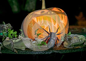 Halloween theme, carved pumpkin with a scary smile, burning candles, spiders and cobwebs, awful skulls, decoration and holiday