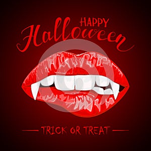 Halloween theme with red female lips and vampire fangs photo