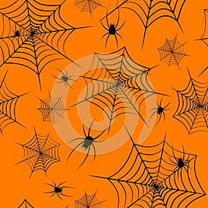 Halloween theme Seamless pattern Cobweb and spiders on orange background Seamless pattern Creative design background of wallpapers