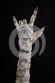 Halloween theme: terrible old mummy hands on a black background