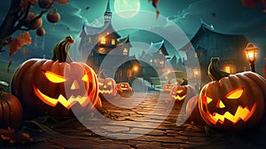 Halloween themed backdrop  - a group of pumpkins on a path with a house in the background