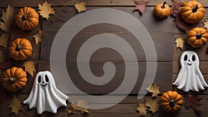 A Halloween themed background of a wood table with pumpkins, leaves and ghosts surrounding copy space