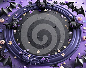 Halloween Themed Circular Frame with Bats and Pumpkins on a Purple Background