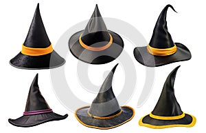 Halloween themed collection of black leather witch's hats isolated on white background