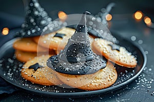 Halloween Themed Cookies with Witches\' Hats and Sprinkles on Dark Mysterious Background with Festive Lights