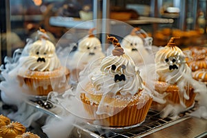 Halloween Themed Cupcakes Decorated with Ghostly Faces and Pretzel Stems in a Bakery Display