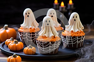 halloween themed cupcakes with ghost frosting