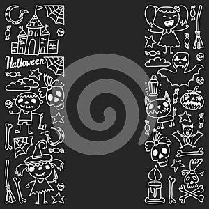 Halloween themed doodle set. Traditional and popular symbols - carved pumpkin, party costumes, witches, ghosts, monsters