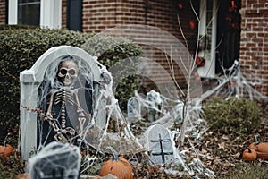 A Halloween themed front yard with cobwebs, skeletons, and tombstones