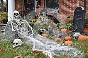 A Halloween themed front yard with cobwebs, skeletons, and tombstones