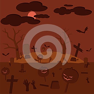 Halloween-Themed Landscape With Bats, Graves, Evil Pumpkins, The Moon and Clouds