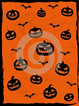 Halloween themed orange and black colored background with scary smiling pumpkins and bats vector illustration