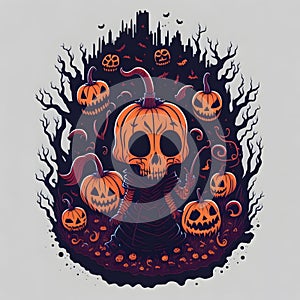 Halloween Themed Pumpkin-Headed Skeleton Illustration