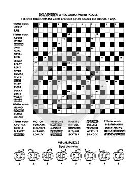 Halloween themed puzzle page with word game and picture riddle