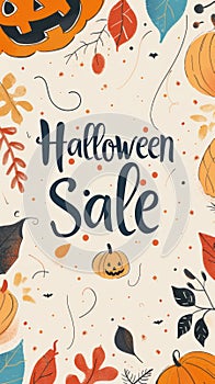 Halloween-themed sale banner with pumpkins, shopping bags and autumn leaves, background photo