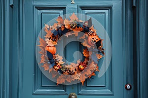 A Halloween themed wreath on a front door with bats, spiders, and pumpkins