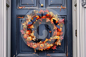 A Halloween themed wreath on a front door with bats, spiders, and pumpkins