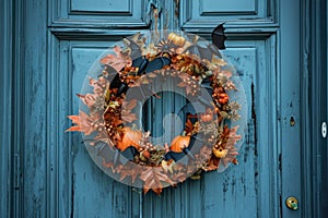 A Halloween themed wreath on a front door with bats, spiders, and pumpkins