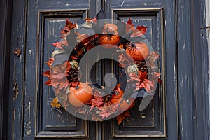 A Halloween themed wreath on a front door with bats, spiders, and pumpkins